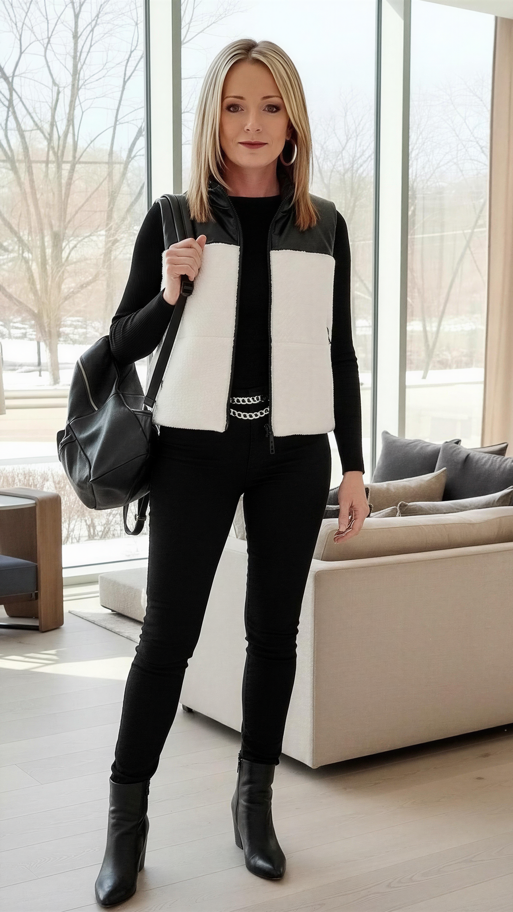 Woman holding a black bag in a modern living room