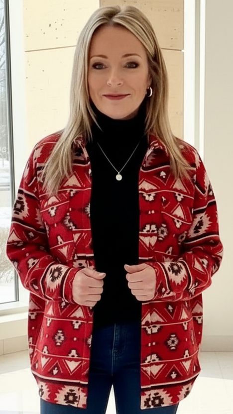 Long Sleeve Printed Combed Fleece Aztec Shacket