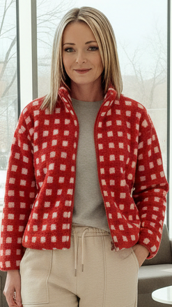 Check Red Gingham Sherpa Fleece Oversized Jacket