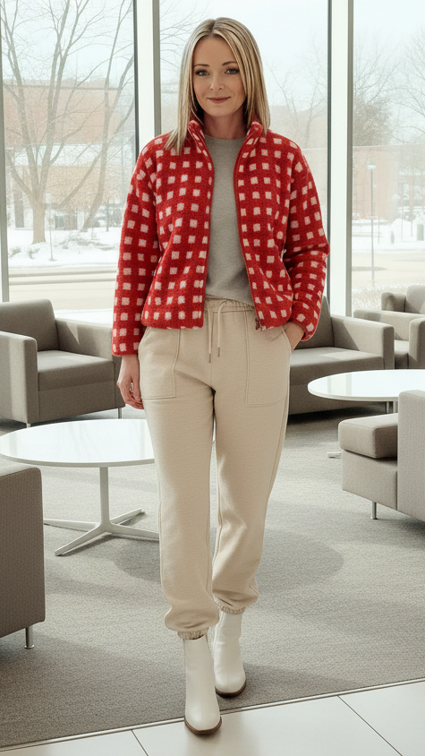 Check Red Gingham Sherpa Fleece Oversized Jacket