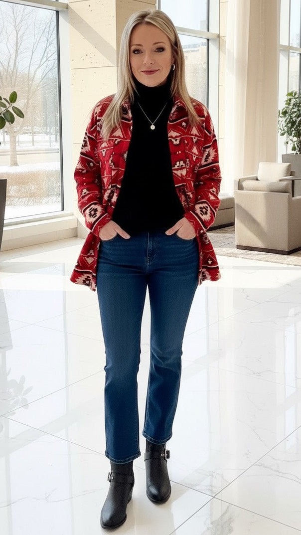 Long Sleeve Printed Combed Fleece Aztec Shacket