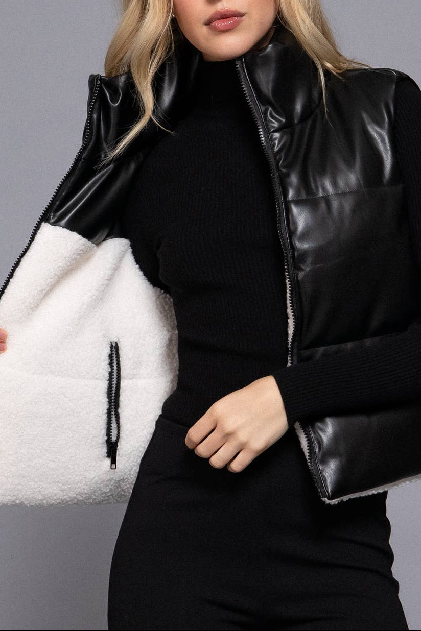 Reversible Faux Leather and Sherpa Padding Crop Vest