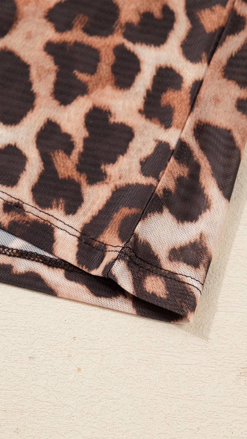 Leopard Mock Neck Long Sleeve Mesh Top