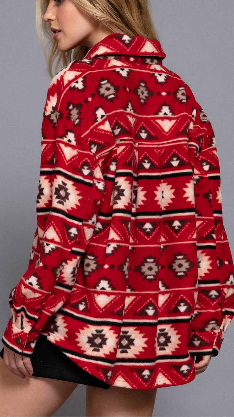 Long Sleeve Printed Combed Fleece Aztec Shacket