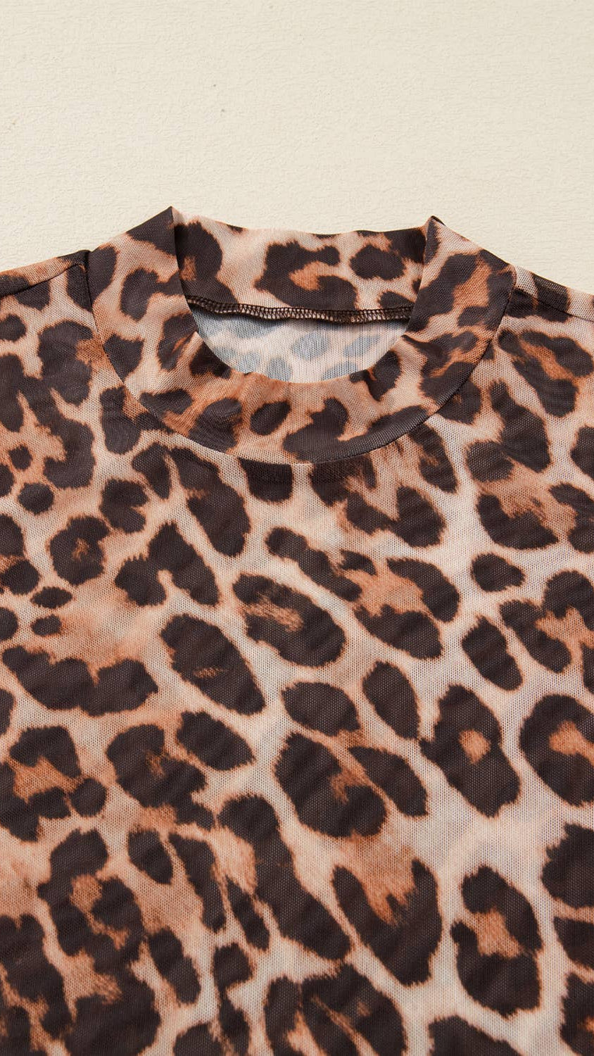 Leopard Mock Neck Long Sleeve Mesh Top